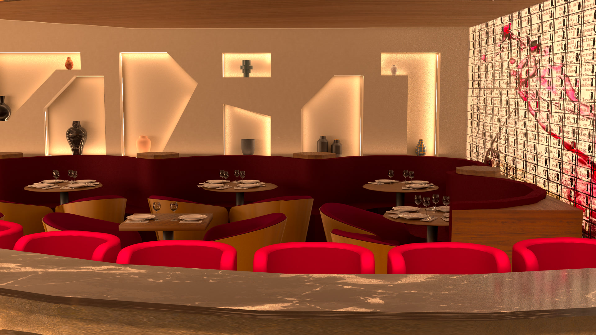 Izakaya Rouge — Perspective view of bar seating