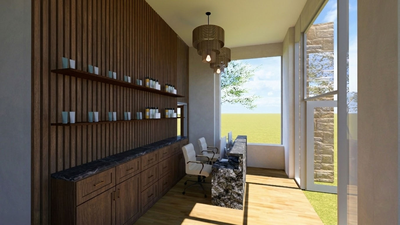 Spa Reception — Warm wood shelving and product display